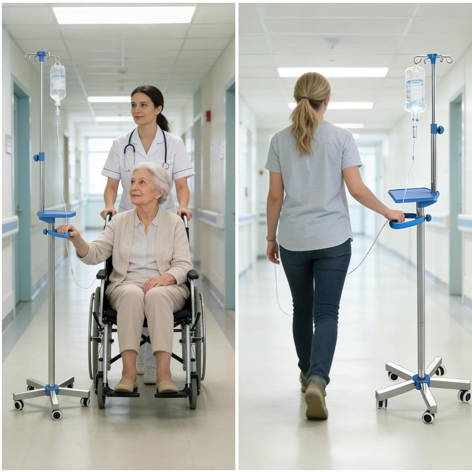 IV Pole with Wheels, Adjustable 52.3"–70.8" Stainless Steel IV Stand, 9" x 7" Tray, Height-Adjustable Handle, 4 Fluid Bags Holder, 5-Wheel Base