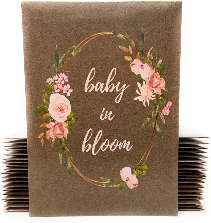 Baby in Bloom Seed Packet Favors Pre Filled with Wildflower Seeds - Baby Shower Party Favors for Guests, Thank You Gift or Present for Girl or Boy- Pink Floral, Brown Decorations - Bulk Pack of 20