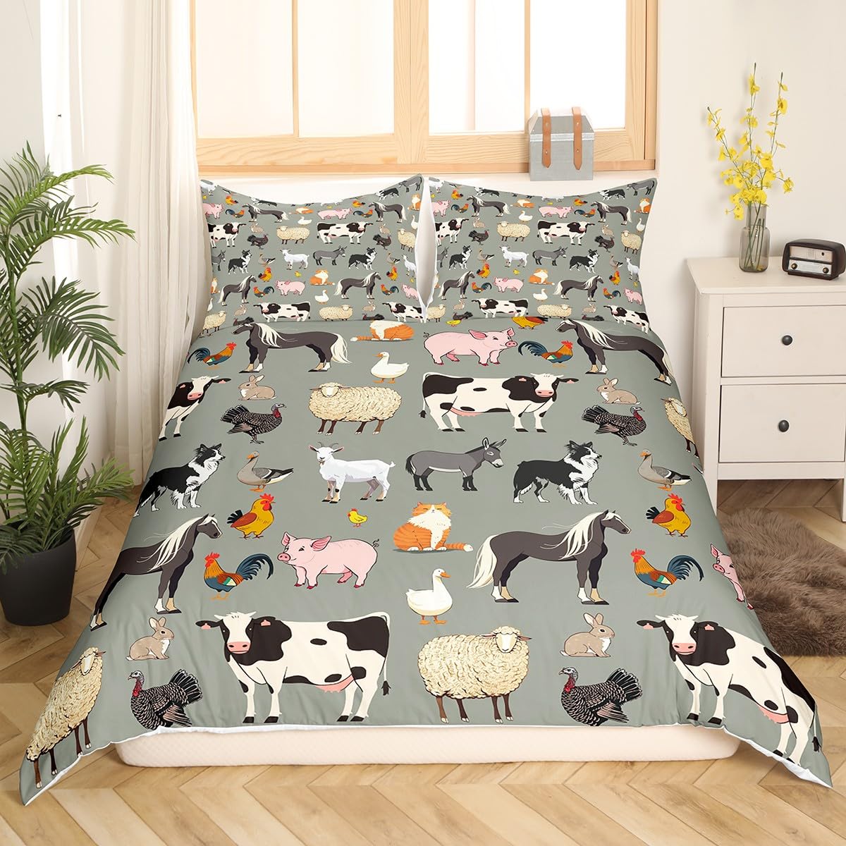 Farm Animals Bedding Set Twin for Kids,Cartoon Farmhouse Animal Theme Duvet Cover for Boys Girls Teens Funny Horse Sheep Cow Comforter Cover Cute Pig Cat Dog Rooster Quilt Cover for All Season,Gray