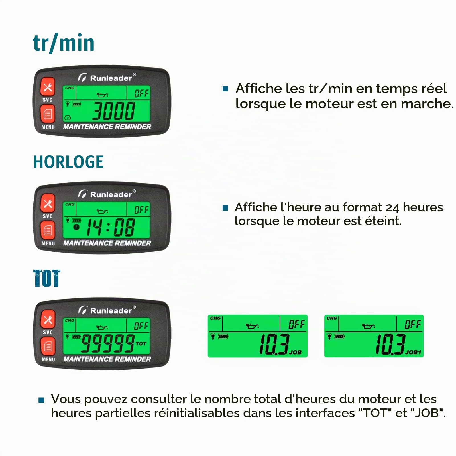 Tachymètre de compteur horaire auto-alimenté numérique Runleader, alerte de régime, rappels d'entretien multiples, affichage et sélection de rétroéclairage pour tondeuse à gazon générateur.