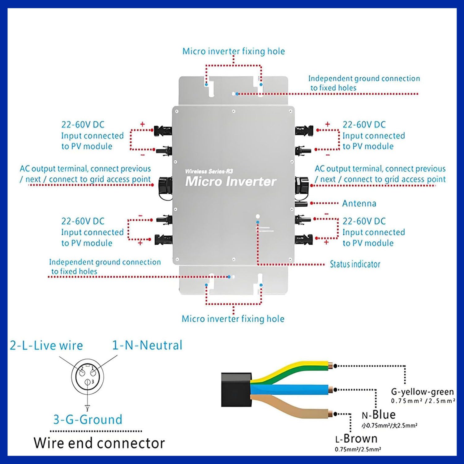 Inversor Solar MPPT, microinversor de conexión a Red, Control Inteligente Mediante aplicación WiFi, Resistencia al Agua IP65, inversores de Potencia de CA con identificación automática 600W