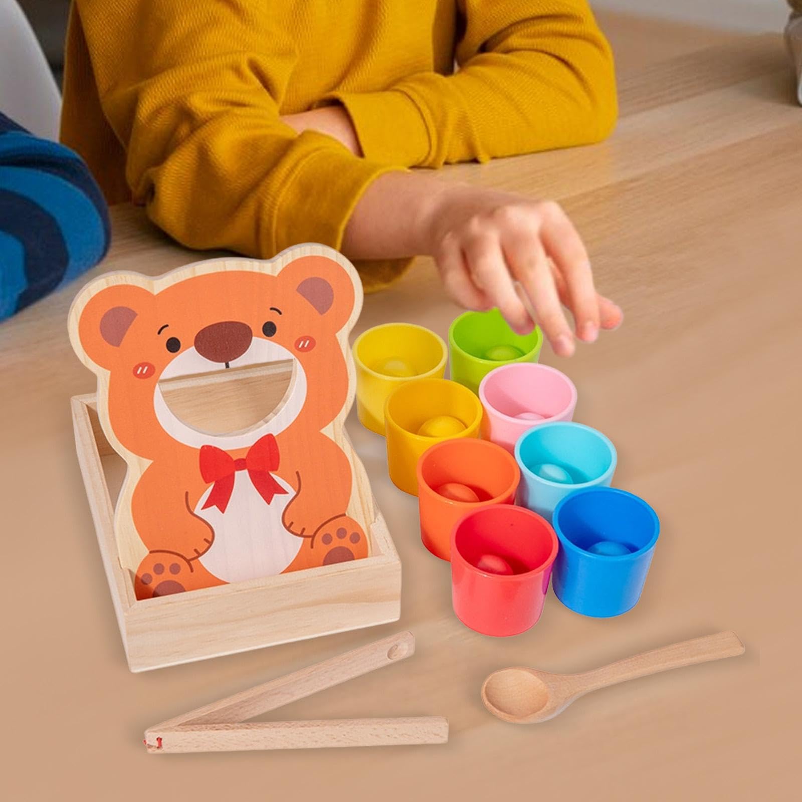 Regenbogen Bälle in Bechern Spielzeug Aus Holz mit Fütterungsspiel Bär Und Besteck für Kleinkinder Vorschulkinder Zur Förderung von Farberkennung Und, mit 8 Kugeln