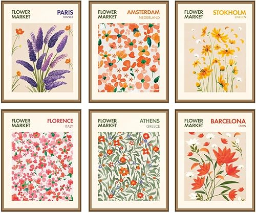 Batuba Design, Póster de decoración de pared de mercado de flores, decoración de habitación de mercado de flores, juego de 6 sin marco (8 x 10