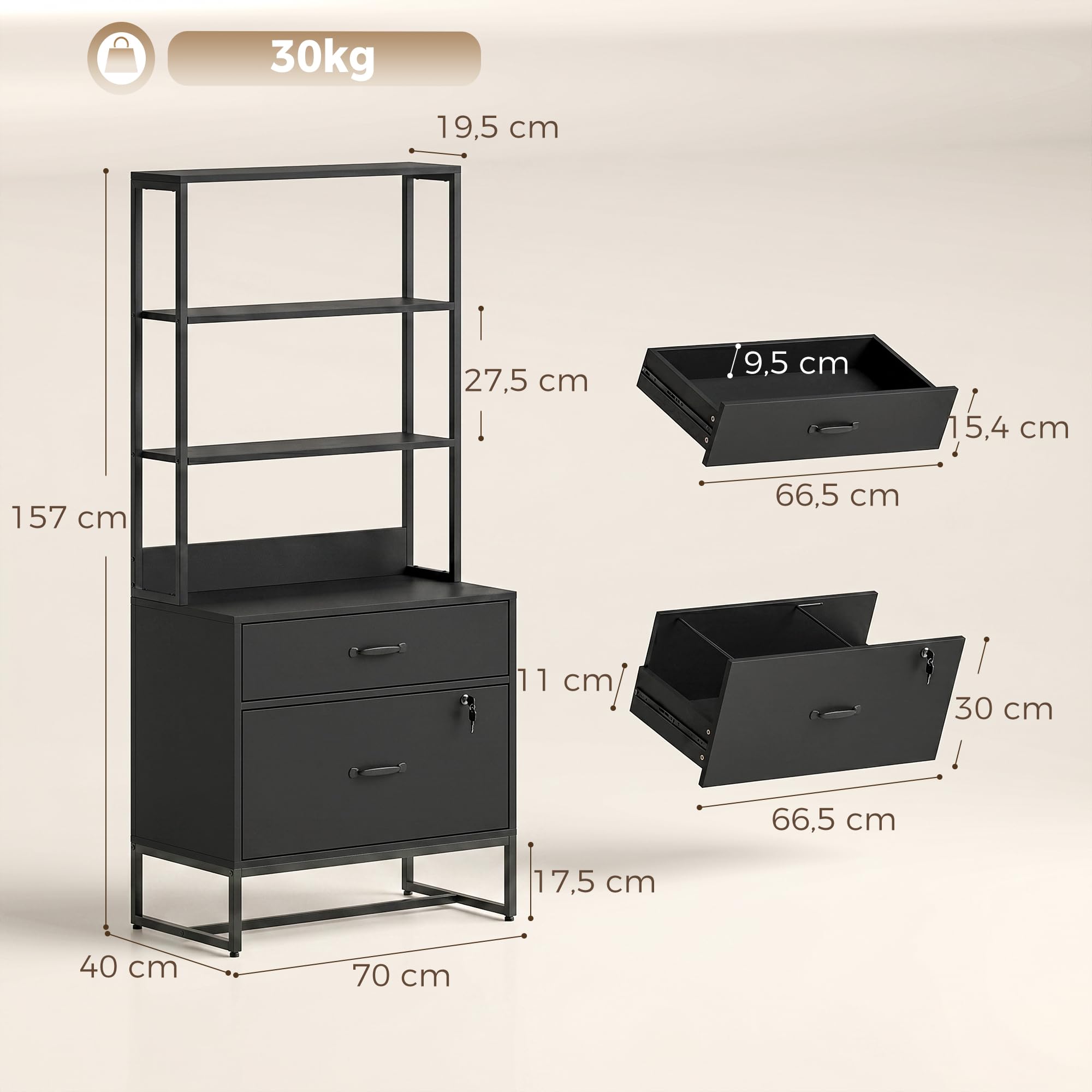 HOMCOM Aktenschrank Abschließbar Büroschrank 70 x 40 x 157 cm Schwarz
