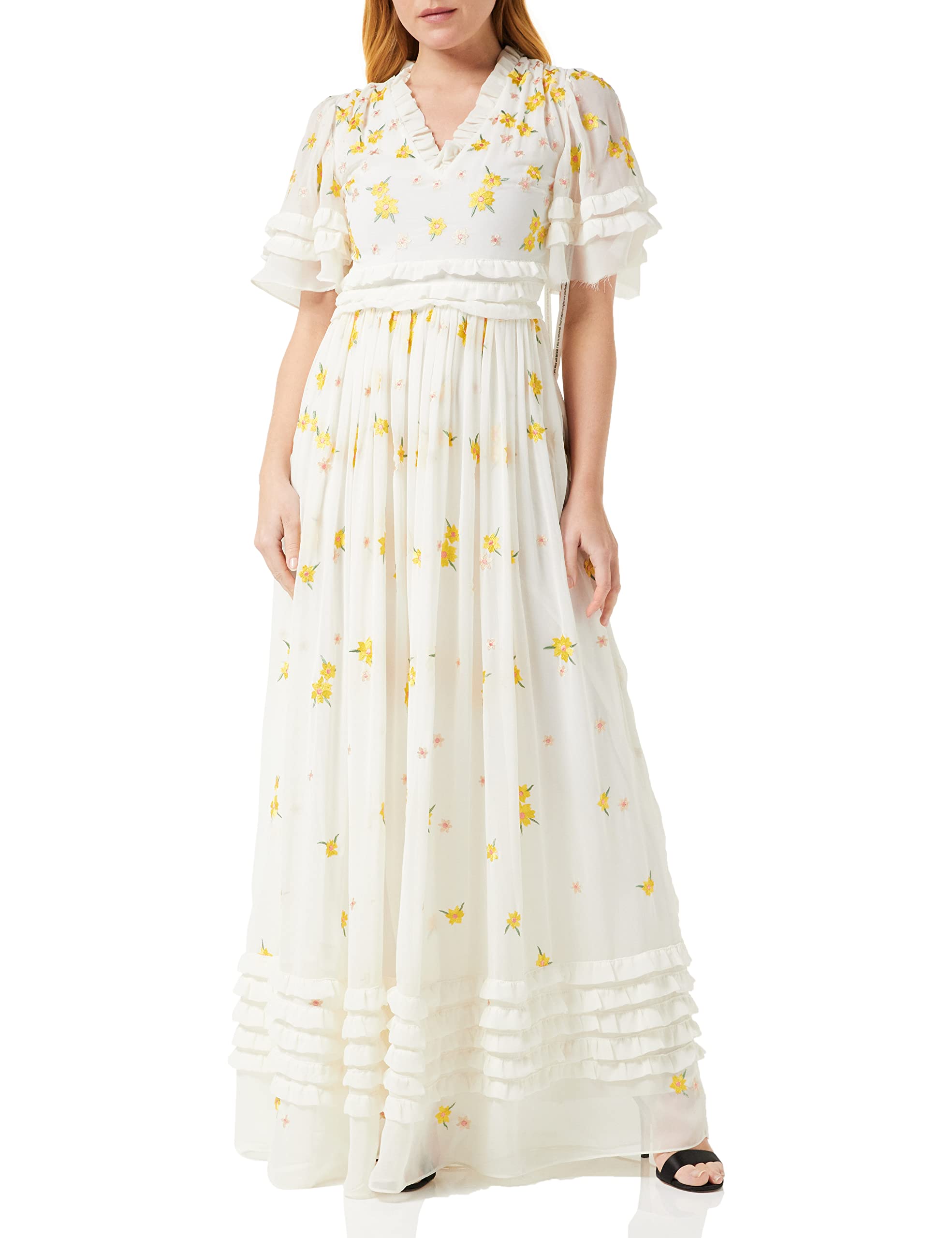 Frock and Frill Women's Floral Embroidered Dress Special Occasion, White, 14
