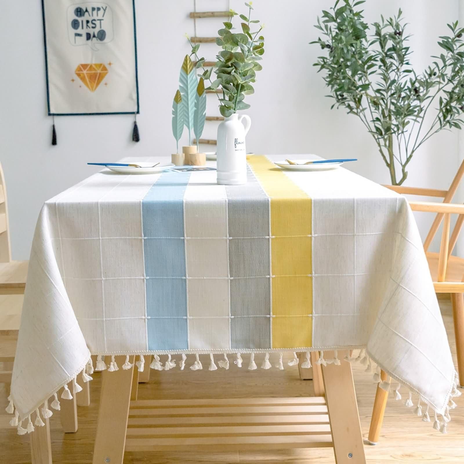 Mantel de Cocina Rectangular Azul Gris Amarillo, Cuadros con Borlas, de Poliéster Fácil de Limpiar, 140 x 240 cm, Mantel para Salón