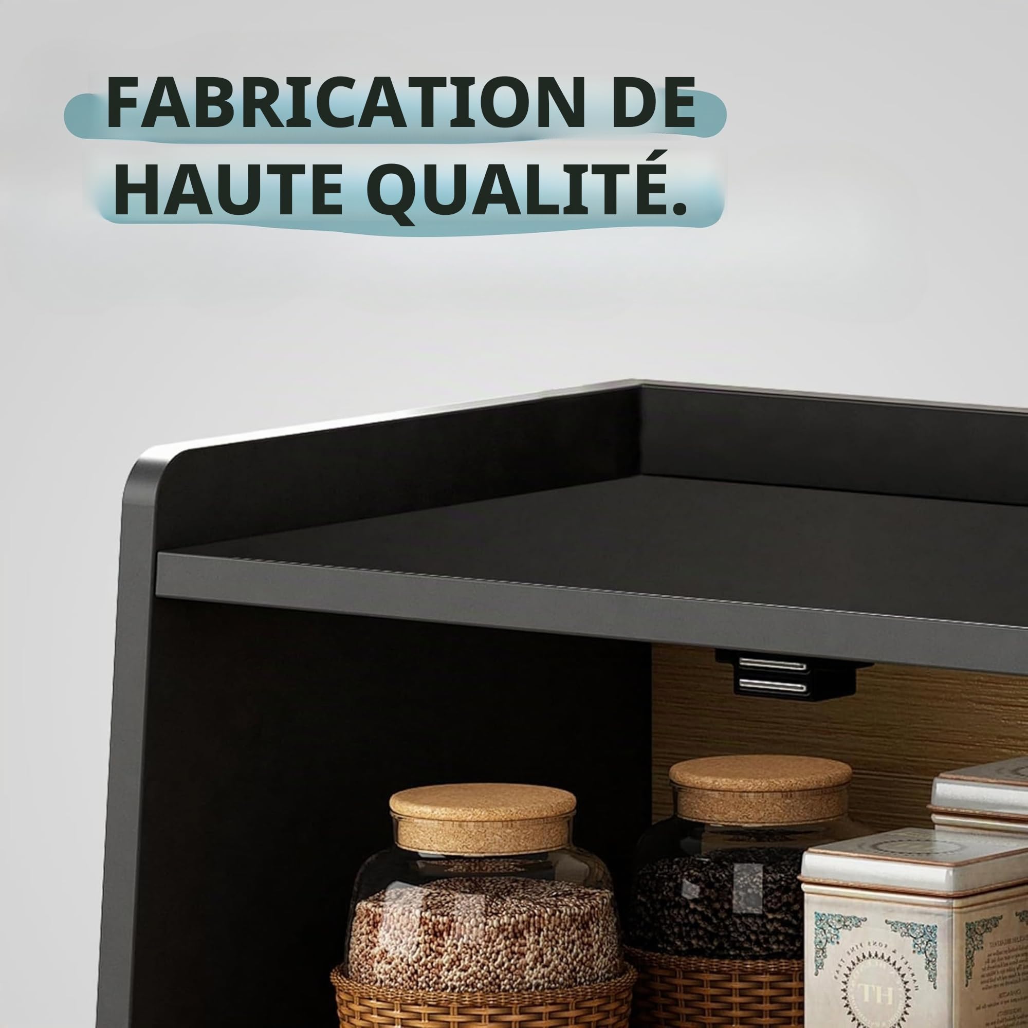 Cookery Boîte à pain en bois à 2 étages pour le rangement du pain en bambou - Grande boîte de rangement à 2 étages (noire)