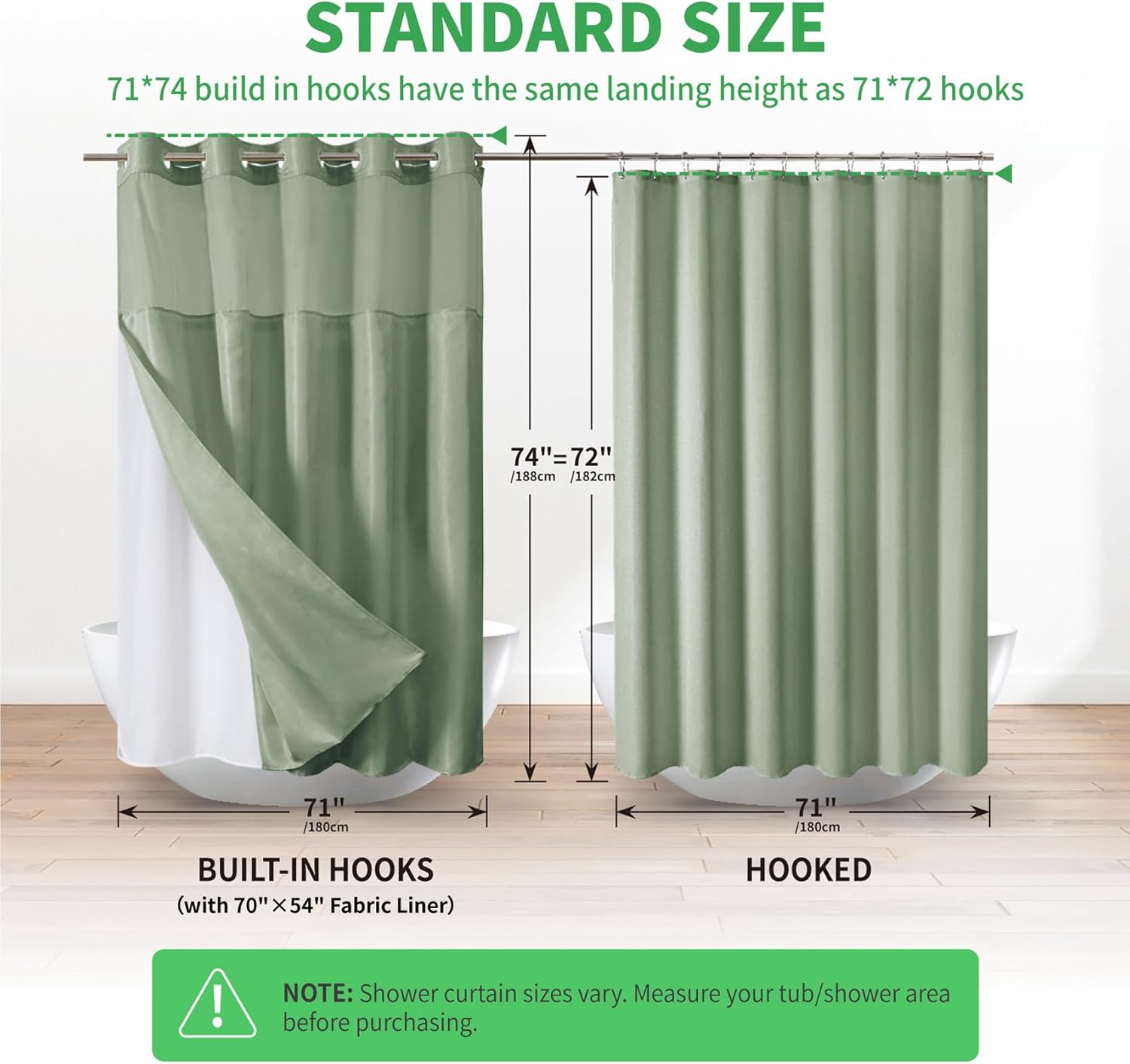No Hook Shower Curtain with Snap-in Fabric Liner Set,Boho Arch Textured Fabric Fabric Shower Curtain for Bathroom with Sheer Window,Waterproof & Washable,71 x 74,Green