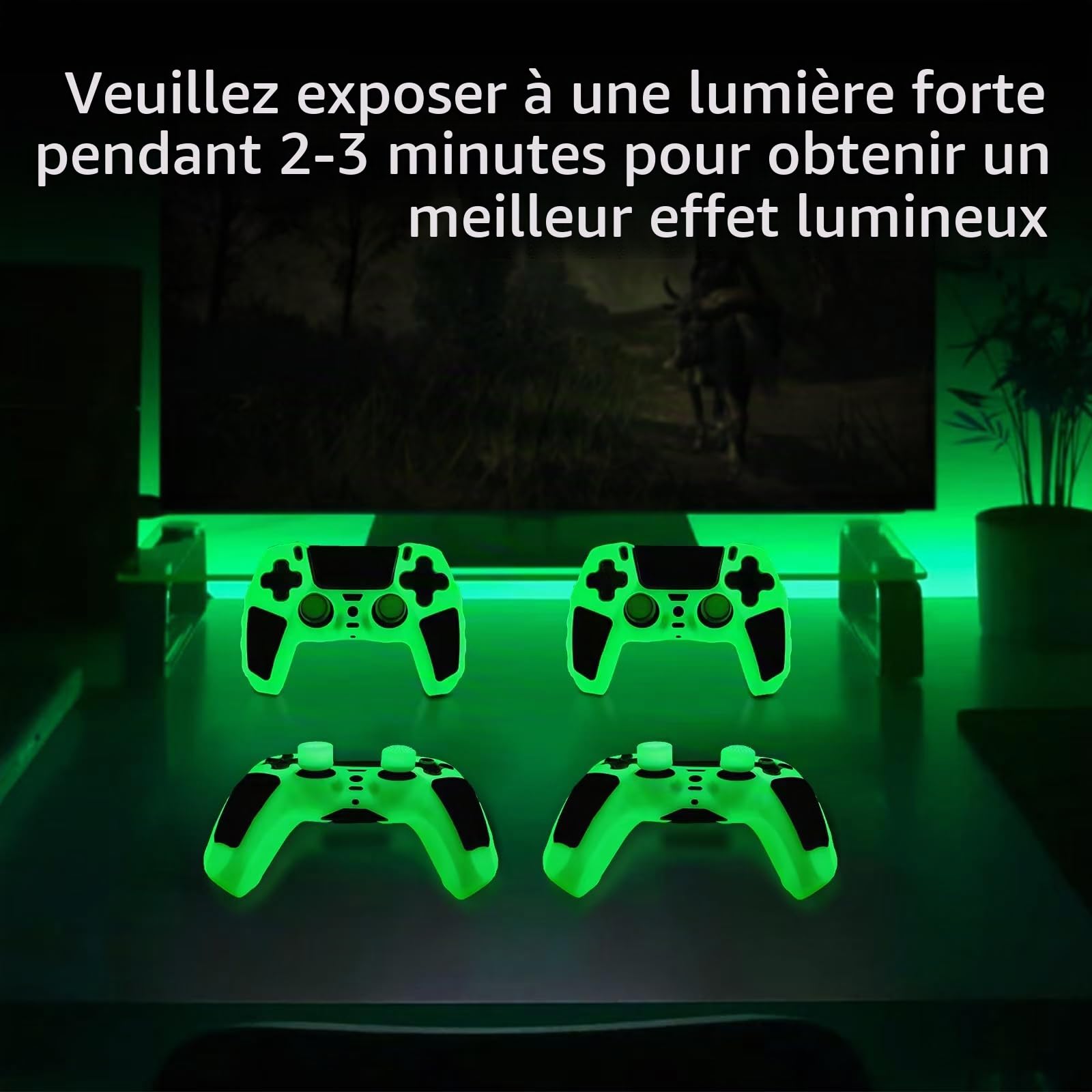 Peau de contrôleur PS5 Verte Qui Brille dans Le Noir, Housse de Protection en Silicone cloutée et épaisse, poignées compatibles avec la Manette PS5 avec 10 Capuchons de poignées