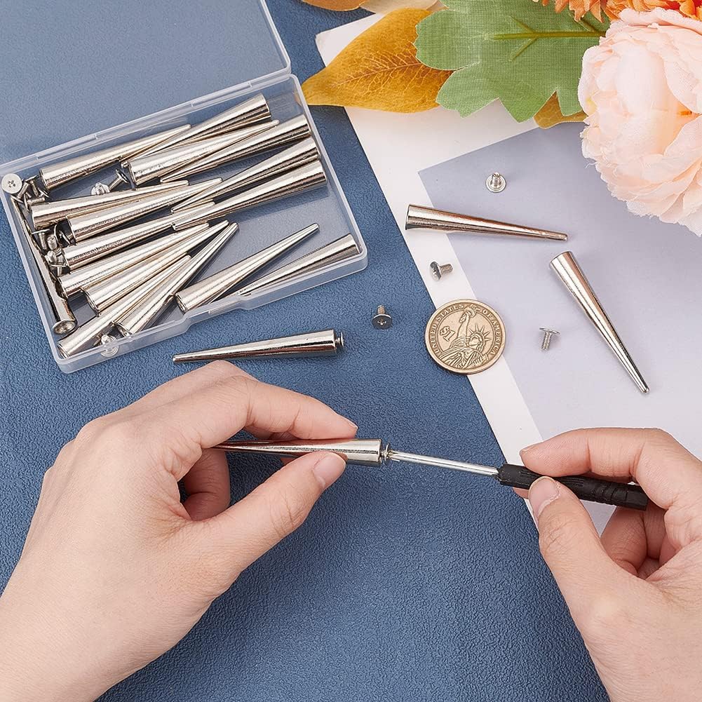 BENECREAT 20 Sets 2inch Nails for Garment, Platinum Color Long Punk Screw Rivets, Leather Craft Long Cone Nails, Alloy Long Metal Nails for Jacket Garment Leather DIY Decoration Making