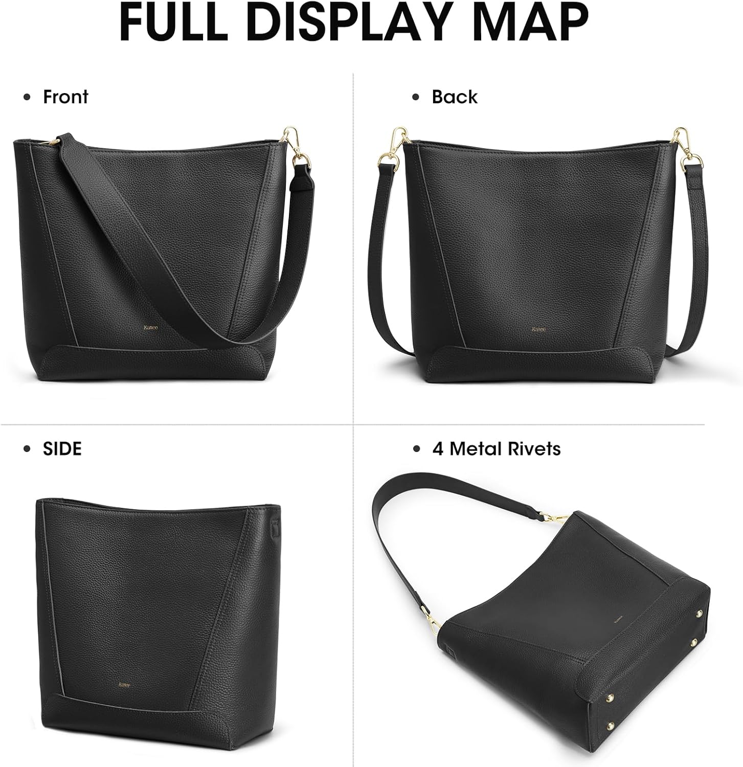 Kattee Leather Purses and Handbags, Bucket Bags for Women, Top Grain Leather Tote Shoulder Crossbody with 2 Straps - Image 6