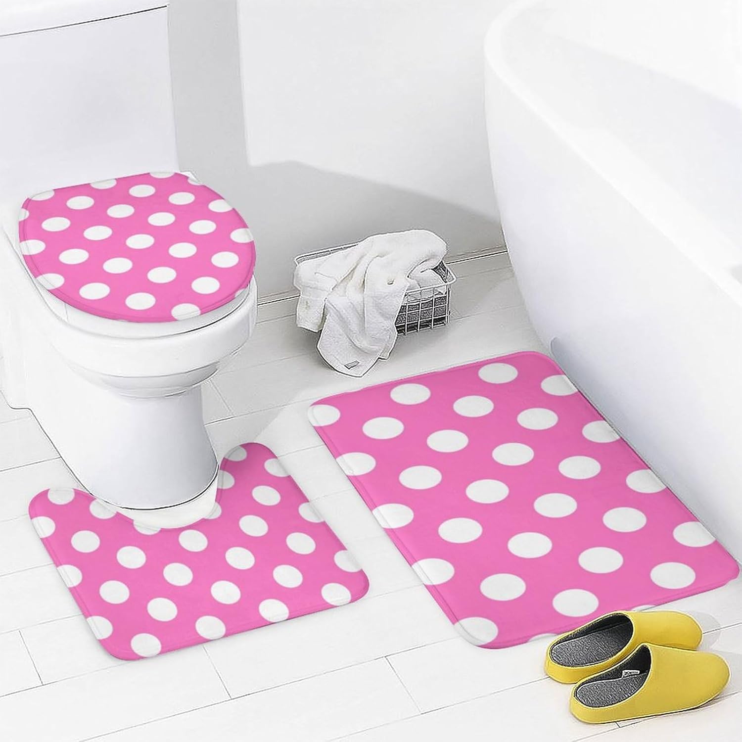 Shower Curtain Set 4 Pieces Polka Dots on Pink Bathroom Sets with Bath Rug Mat, Non-Slip U Shaped Contour Rug & Toilet Lid Cover