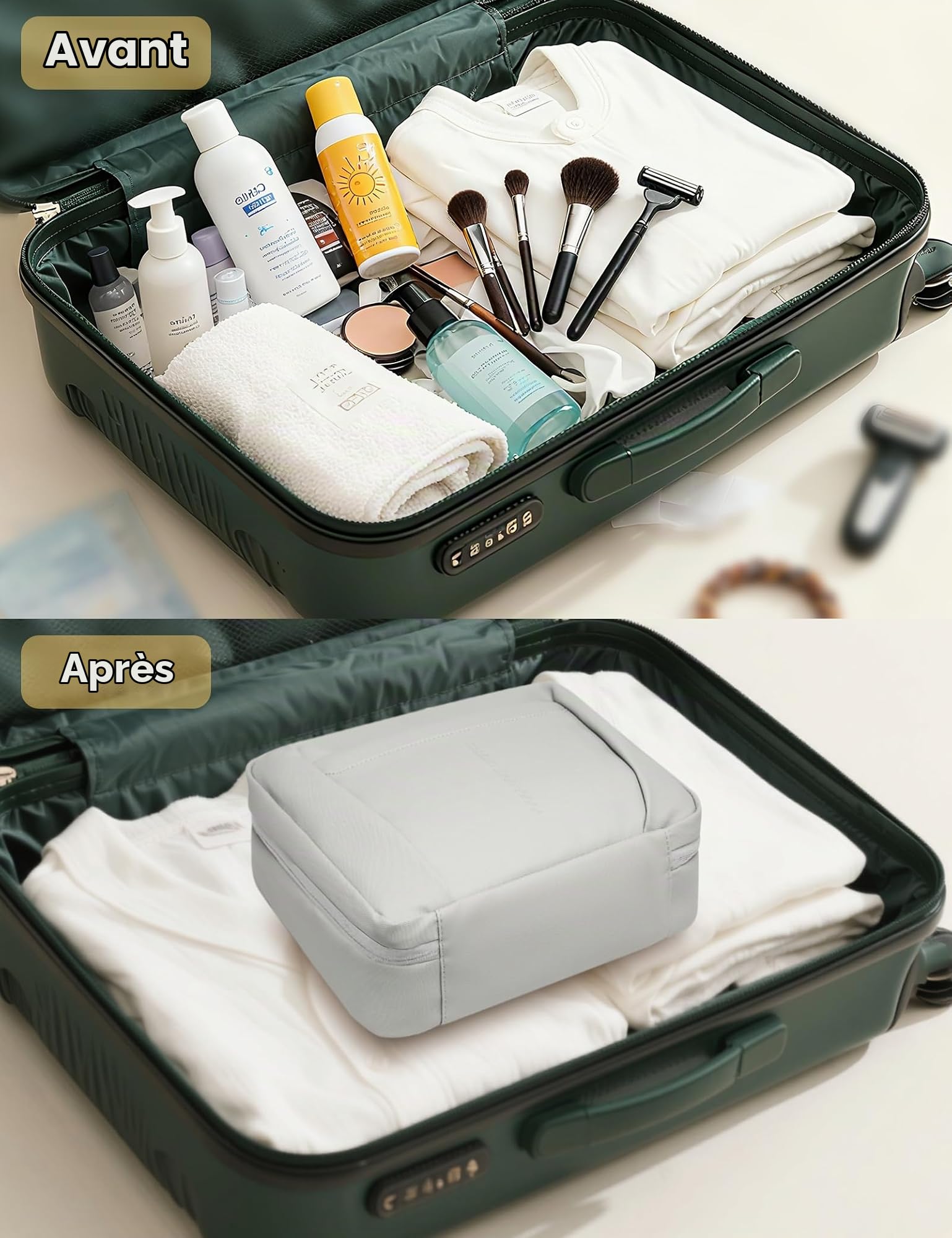 Trousse de Toilette Suspendue Hommes Femmes Sacs Voyage Trousse à Maquillage Imperméable Pliable Grande Capacité Organisateur Sac Articles de Toilette Format avec 5 Compartiments, Soie Gris-M