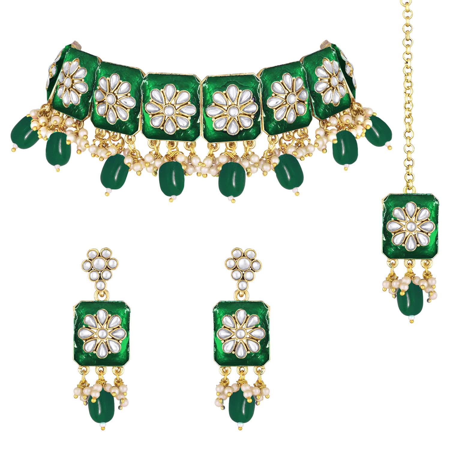 Peora Gold Plated Rani Pink Meenakari Enamel with Faux Pearl Choker Necklace Earring Maang Tikka Fashion Jewellery Set for Women Girls (B0B8MXM84B) Amazon Price History, Amazon Price Tracker