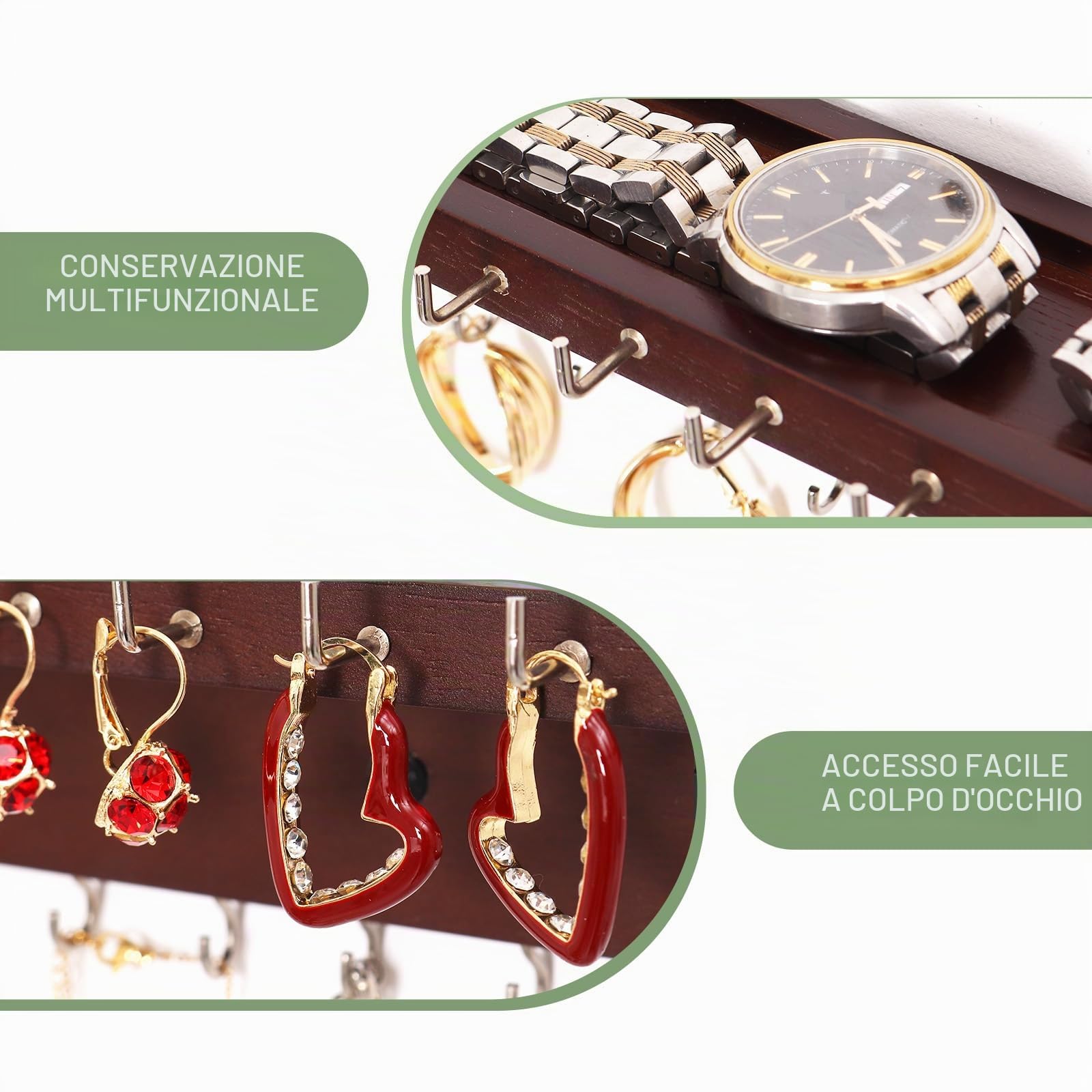 Organizer per collana da parete con 30 ganci, in rovere e contenitore per collane, bracciali e anelli (noce)
