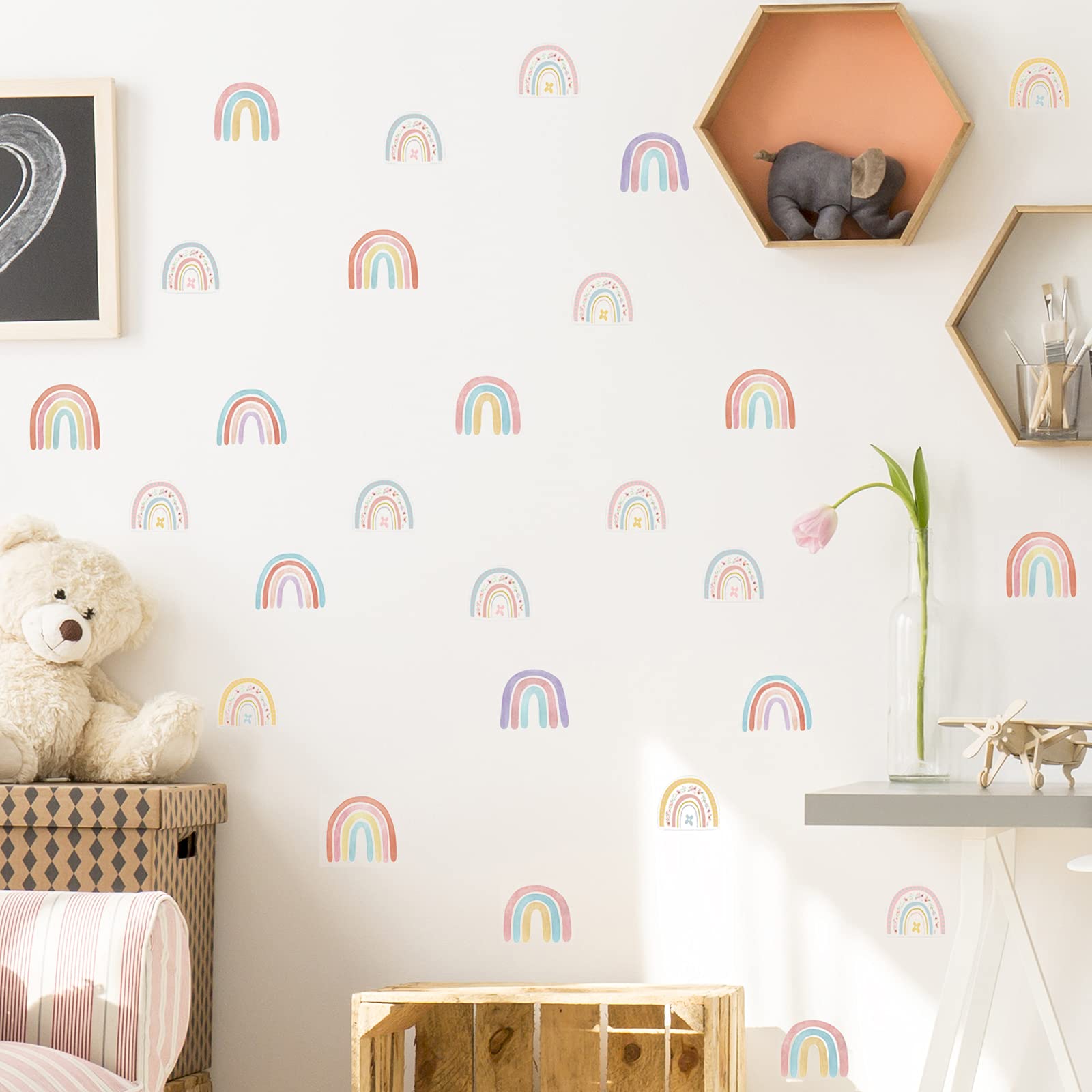 Joencost Girls Rainbow 72Pcs Wall Decals, Colorful Boho Hand Drawn Flower Removable Stick And Peel Wall Stickers, Art Vinyl Waterproof For Kids Room Bedroom Nursery Room