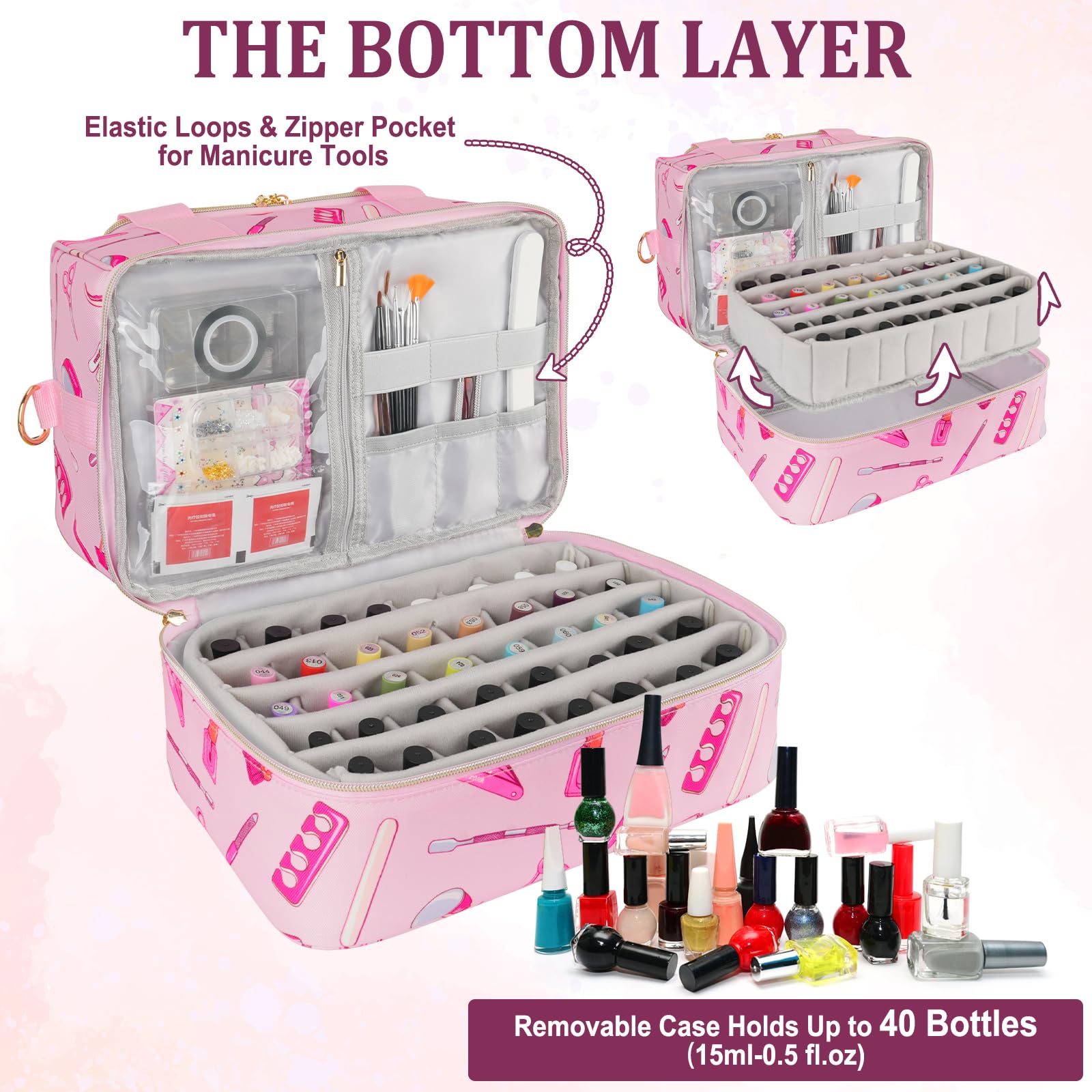 Nail Polish Organizer Case, Double Layers Nail Organizers and Storage, Holds 40 Bottles Gel Nail Polish&Nail Lamp - Image 2