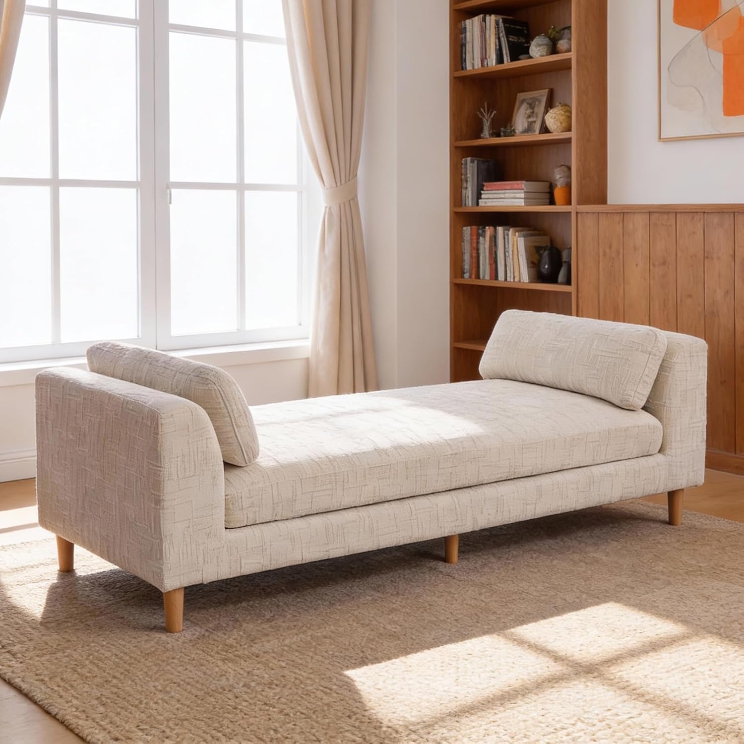 Aoiy & Wifon 83.1" W End of Bed Bench King Size, Oversized Window Bench Seat with Pillows & Rubberwood Legs for Bedroom/Living Room/Apartment, Polyester, Wheat