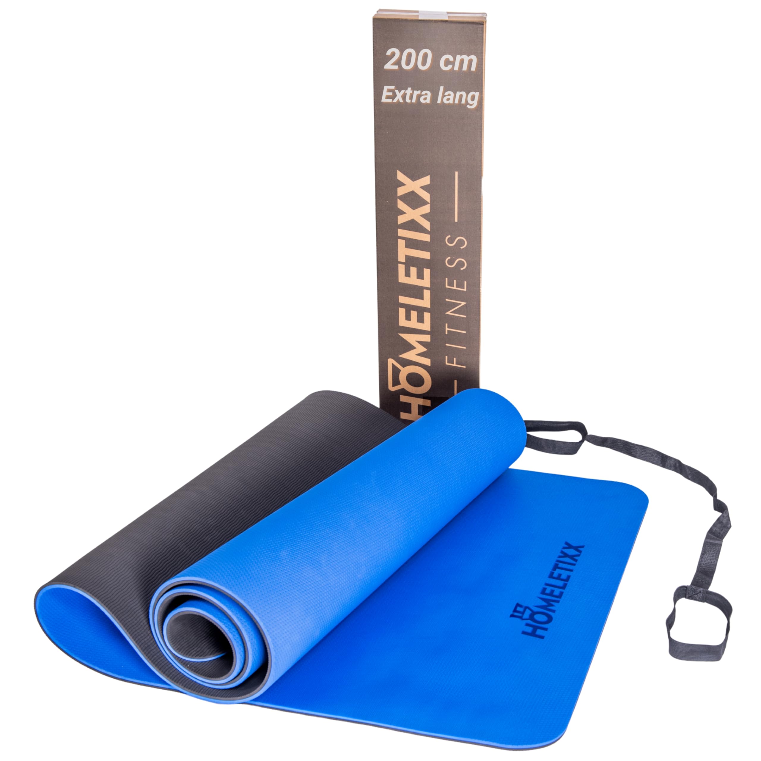 Fitnessmatte 200cm extra lang rutschfest – Yogamatte & Sportmatte XL 2m groß aus Premium TPE für Home Workout & Gymnastik | Trainingsmatte für Zuhause mit Tragegurt – HOMELETIXX