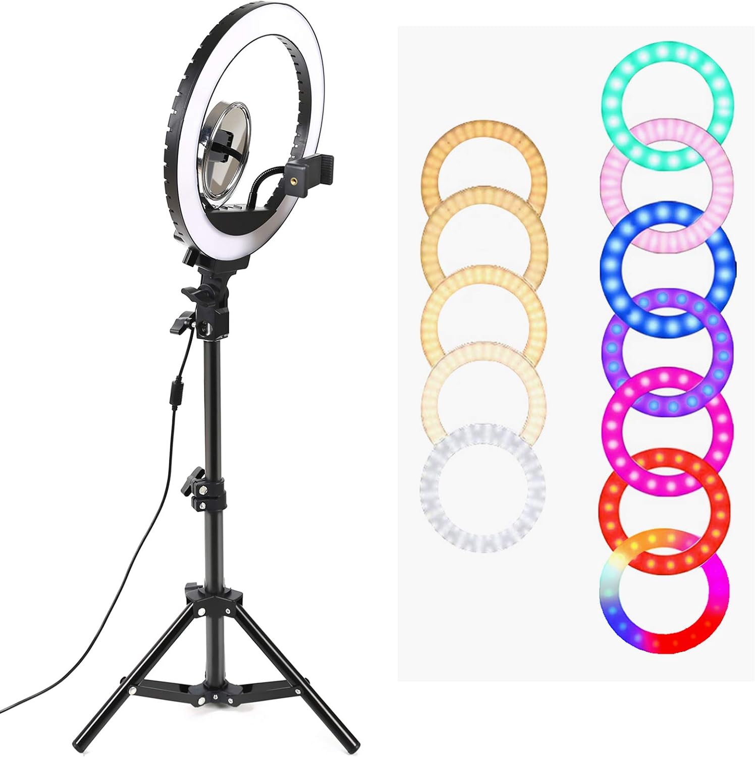 10.2'' Ring Light with Tripod Stand and Phone Holder, LTRINGYS Selfie Led Ring Light with 7 RGB Flash Lights Desktop Light Ring Dimmable with Mirror for YouTube Video Recording US Plug
