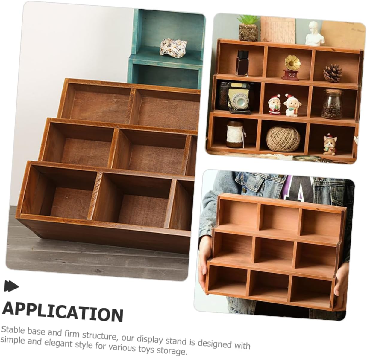 Vintage Solid Wood Display Cabinet 9 Compartments Multi-Functional Storage Shelf for Cosmetics and Figurines Wall-Mount or Tabletop Use Retro Style