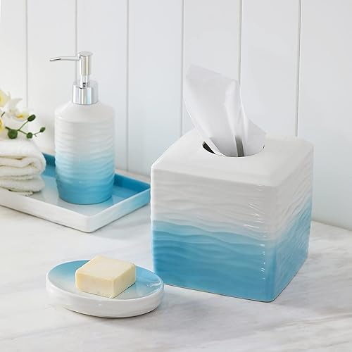 Miniatura 3 de Accesorios de baño - Soporte para pañuelos de cerámica, caja cuadrada decorativa para pañuelos (degradado azul y blanco)