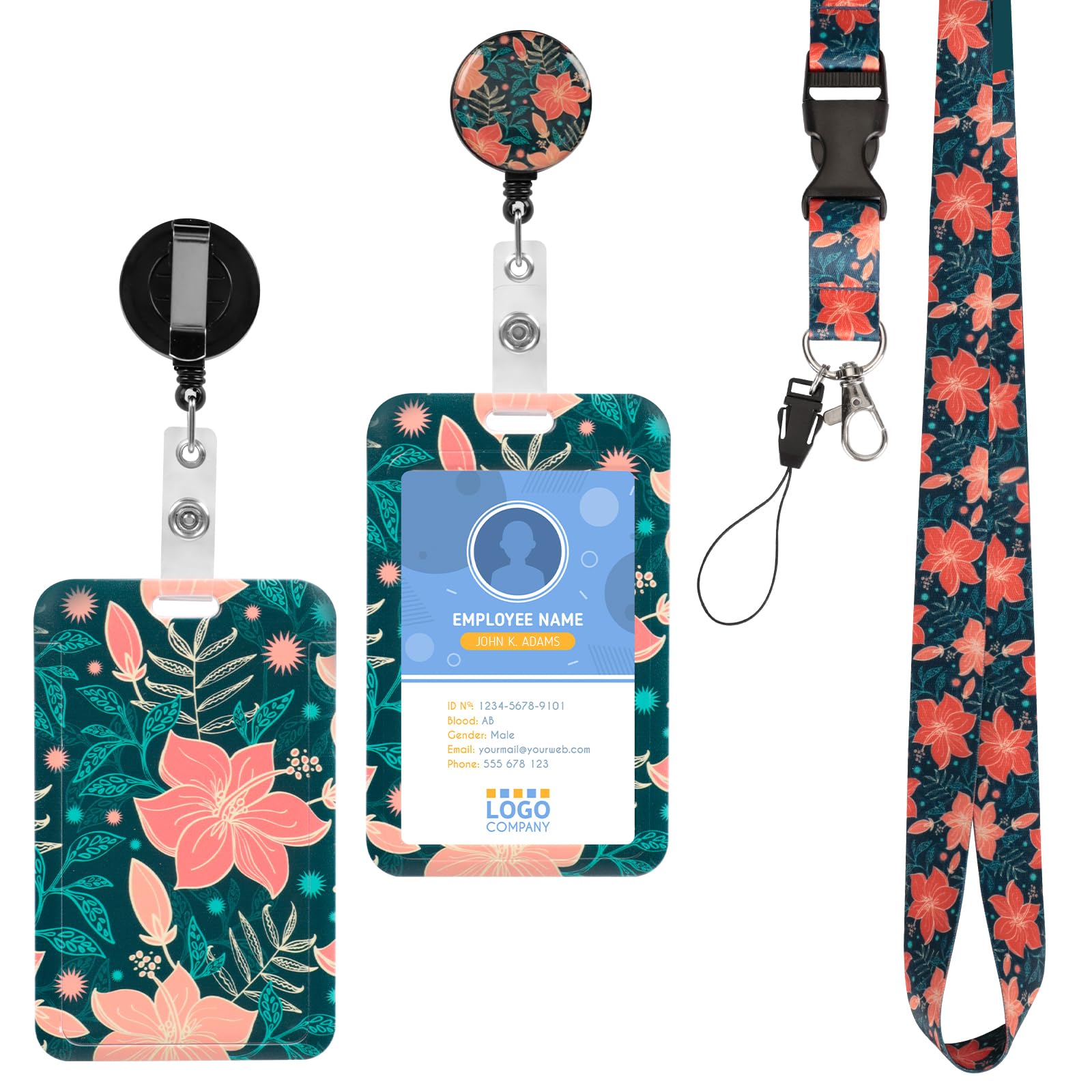 Cozary Ausweishülle mit Band, Ausweishalter Ausziehbar Blumen Design Kartenhülle mit Abnehmbares Lanyard & Clip für ID Kartenhalter Ausweis für Frauen, Lehrer, Krankenschwester, Doktor, Student