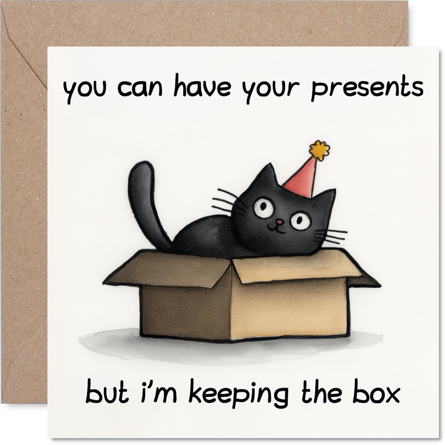 Playful Birthday Card - Party Hat Cat Claims the Box - Humorous Illustration with Witty Caption - Guaranteed to Amuse Feline Fans - 145mm Square, Envelope Included