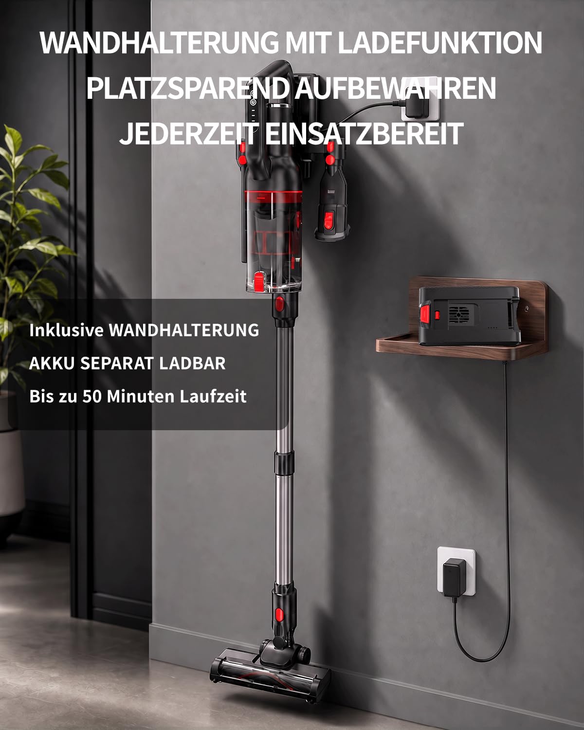 Akku Staubsauger Kabellos 40KPa/450W/50Min, Akkustaubsauger | Tierhaare/Teppiche/Hartböden/Auto| Anti-Tangle-Bürste| Selbststehend| Wandladestation| 8-Schicht-Filtration|Ultraleise