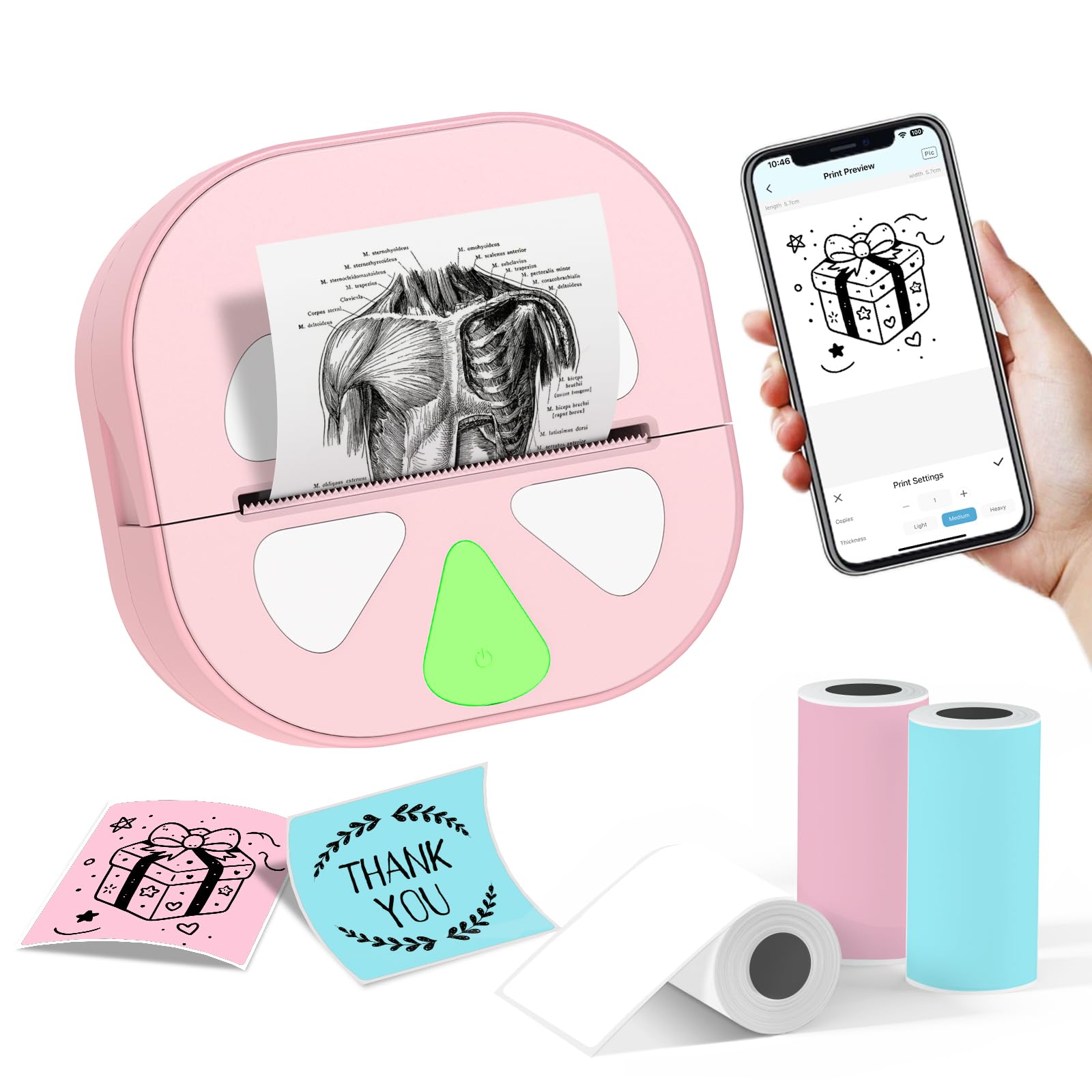 Sticker Printer - Portable Bluetooth Thermal Sticker Maker for iPhone and Android, Wireless Mini Label Printer Machine with 3 Rolls Paper for Study Notes, Journal, DIY & Kids Gift, Pink