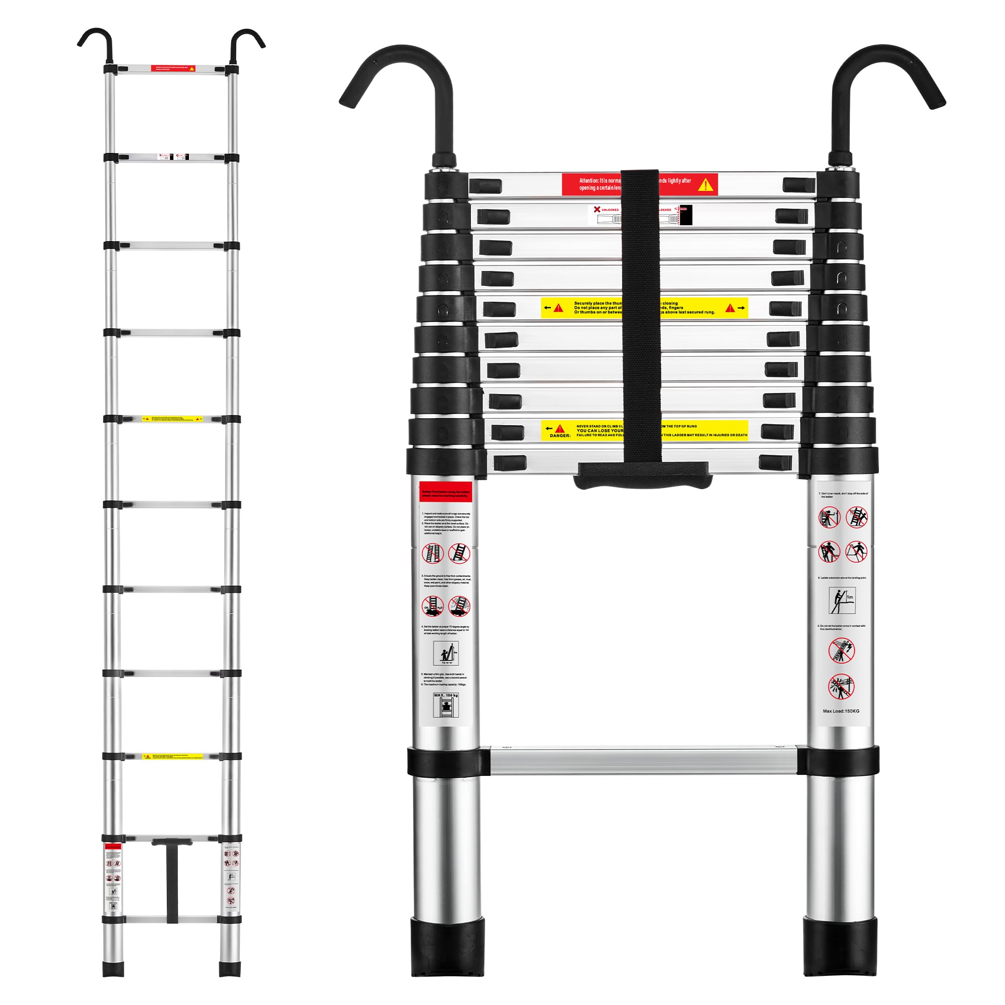 TEENO Telescopic Ladder 3.2 m Aluminium Folding Telescopic Ladder with Detachable Hook, Max Load 150 kg