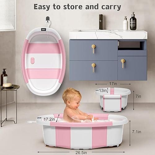 Miniatura 3 de Bañera plegable para recién nacidos a niños pequeños de 0 a 36 meses, espaciosa bañera plegable con termómetro, cojín y orificio de drenaje, bañera