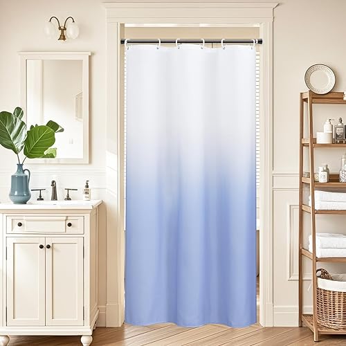 AooHome Cortina de ducha estrecha de tela, juego de cortinas de ducha de tela azul degradado, cortina de ducha de tela lavable azul y blanca,