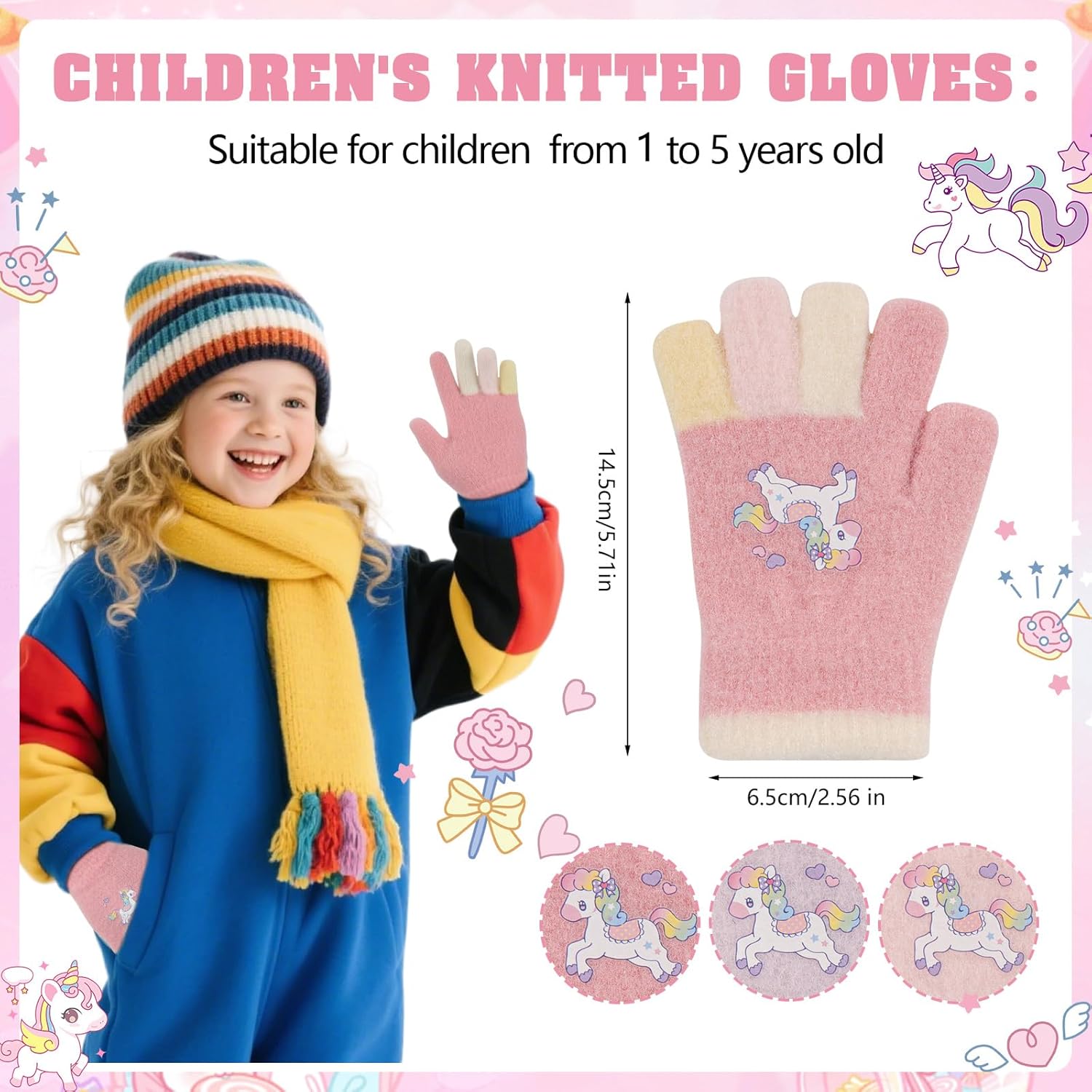 3 Pairs Kids Magic Gloves, Toddler Gloves Warm Knit Glove Children's Colorful Glove Soft Thermal Mittens Stretch Winter Mittens Boys Girls Full Finger Mitten for 1-5 Years - Image 2