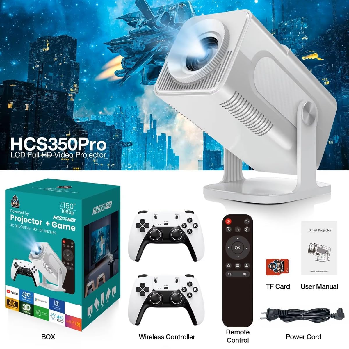 Proiettore da gioco HCS350 Pro Android 11 con scheda TF da 64 GB, controller di gioco wireless, Dual WiFi, 1920 x 1080P, proiettore portatile Home Theater