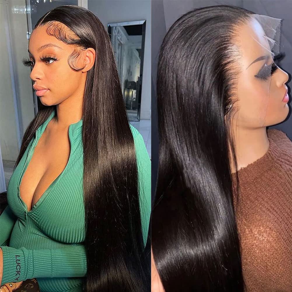 POYONAGRN Straight Lace Front Human Hair Wigs for Black Women 180 Density Bleached Knots 13x4 Lace Frontal Wig with Baby Hair Pre Plucked Natural Hairline Glueless Brazilian Hair Wig Natural Color