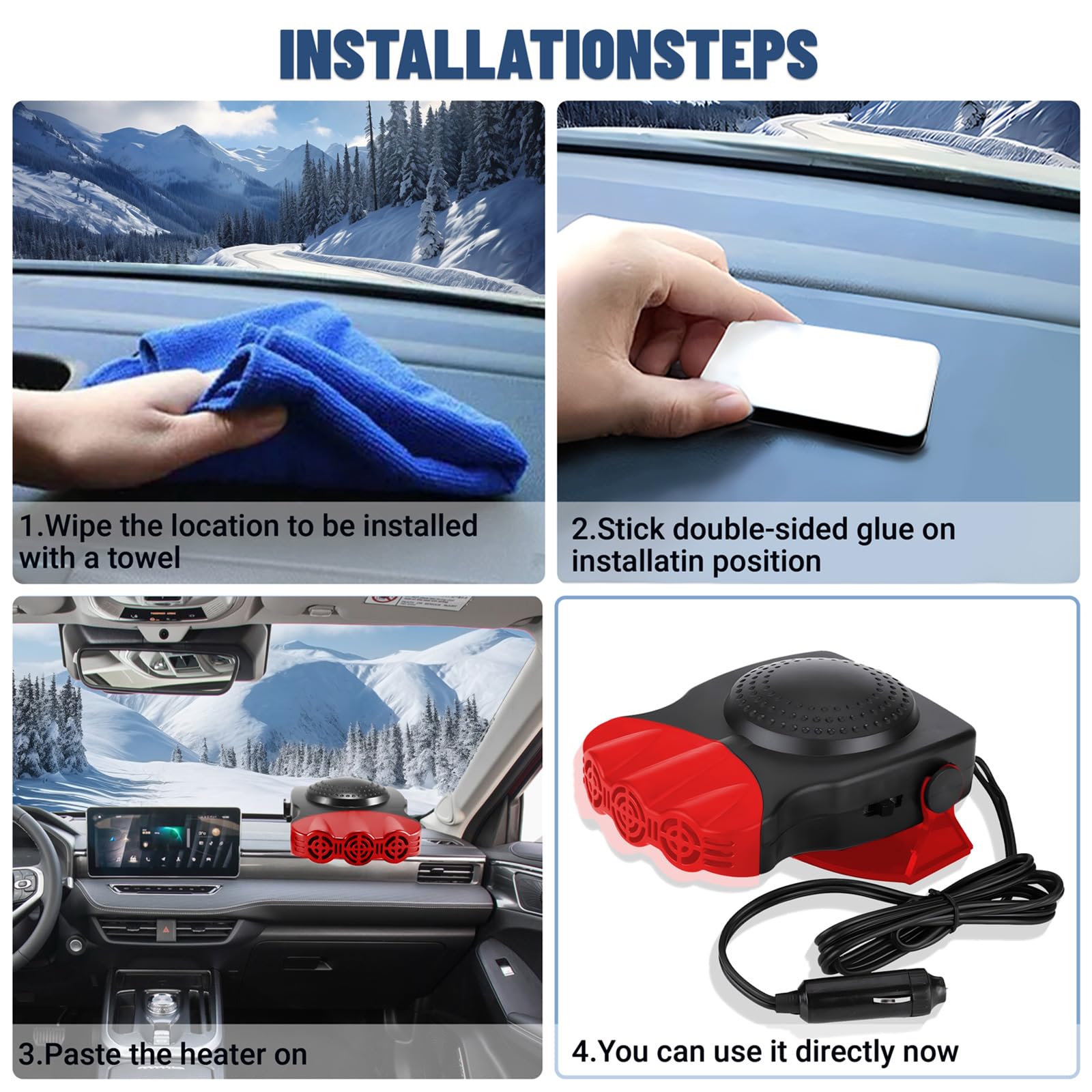 Qidoe 2024 Riscaldamento Auto da 12V: 200W Portatile Stufetta Auto 12 Volt Automobile Riscaldante per Parabrezza Ventola di Riscaldamento Rapida Sbrinatore con Accendisigari per Auto, Camper, Camion