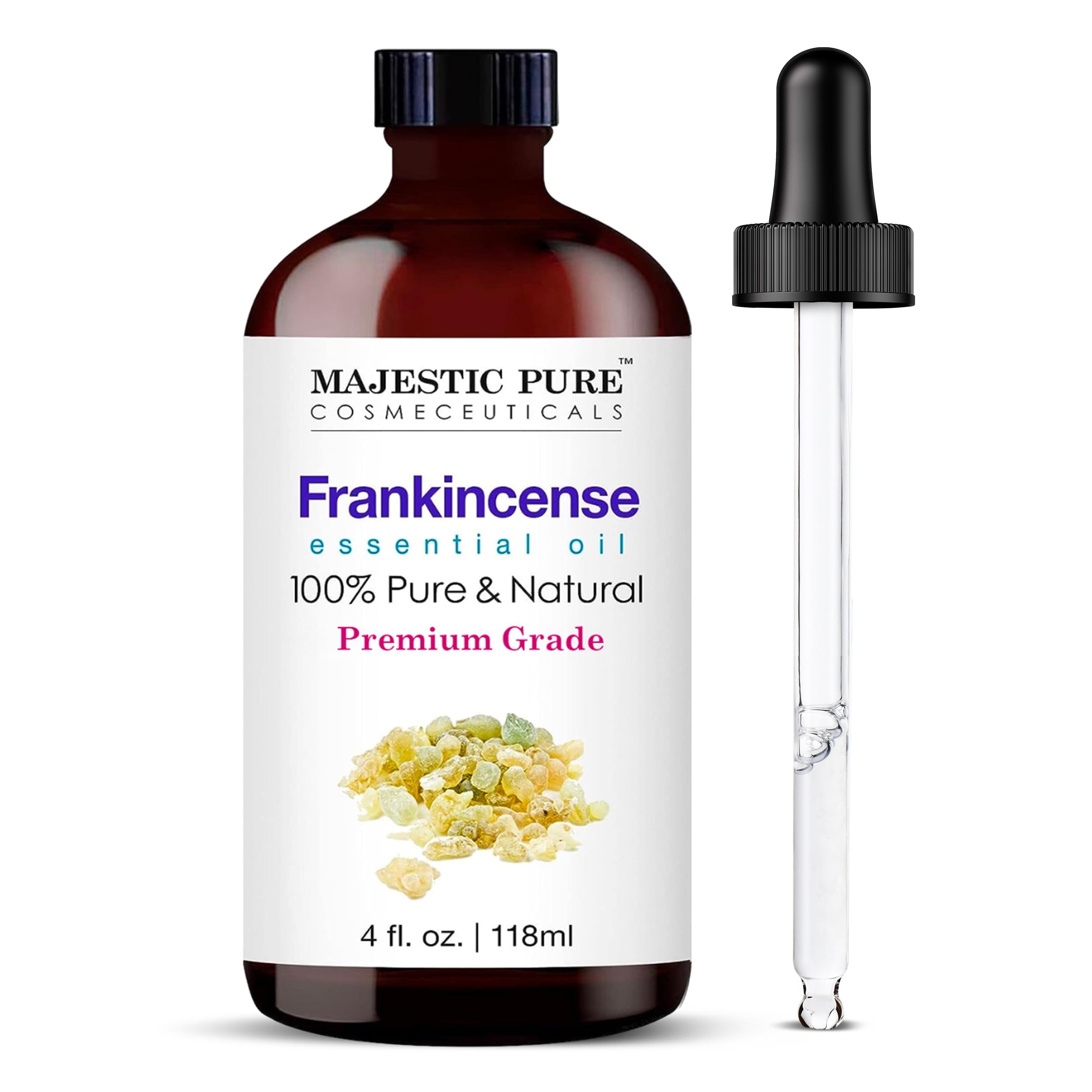 Majestic Pure Essential Oil with Glass Dropper - 100% Pure and Natural - Essential Oils for Diffuser, Aromatherapy, Soap and Candle Making, Frankincense Essential Oil, Frankincense Oil, 4 Fl Oz