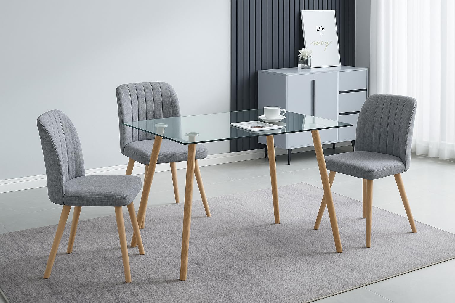 Mesa de Cocina Fija con Tapa de Cristal Templado Transparente y Patas Color Madera – Diseño Moderno y Funcional.