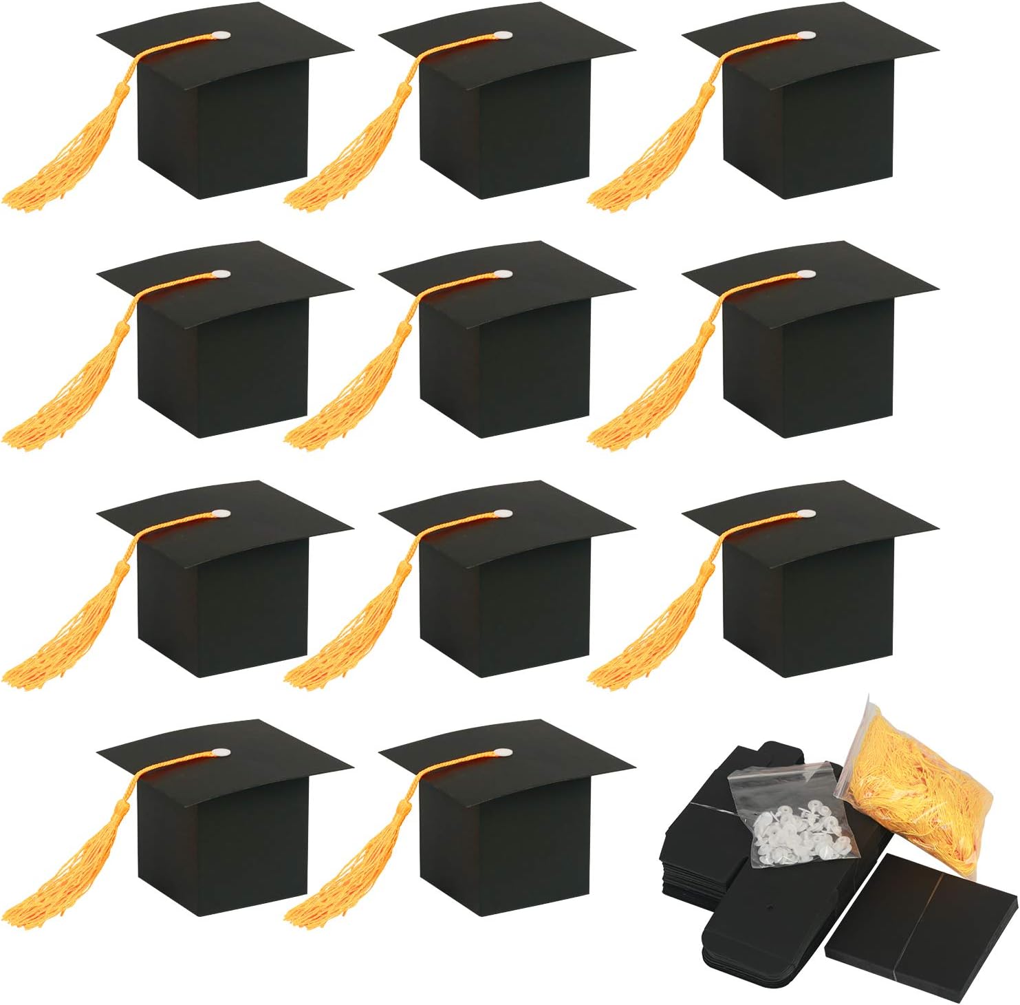 Graduation Candy Boxes,KATOOM 30pcs Doctoral Cap Shaped Gift Box Black Graduation Celebration Treat Candy Chocolate Sweet Box with Yellow Tassel for Graduation Ceremony Party