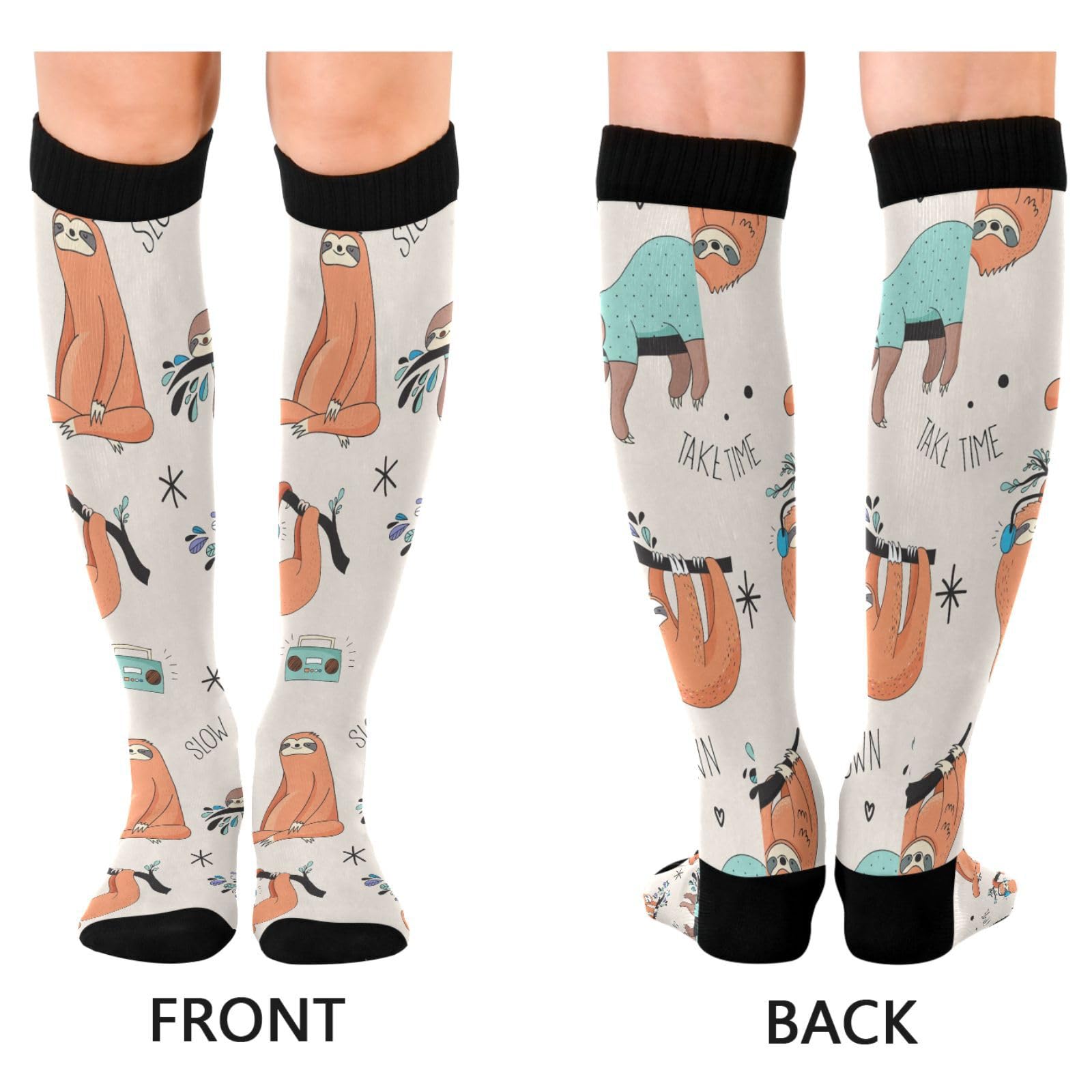 Vftphvr 2 Pairs Unisex Compression Crew Knee Soft Circulation Socks High Sock Long Athletic for Running,Travel,Cycling Print Orange Turquoise Sloths Seamless Style