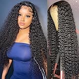 Muzkala 28 Inch 13x6 Deep Wave Lace Front Wigs Human Hair Transparent Lace Wig Pre Plucked with Baby Hair Brazilian Virgin Hair Wig for Black Women Wet and Wavy Lace Frontal Wigs 180 Density