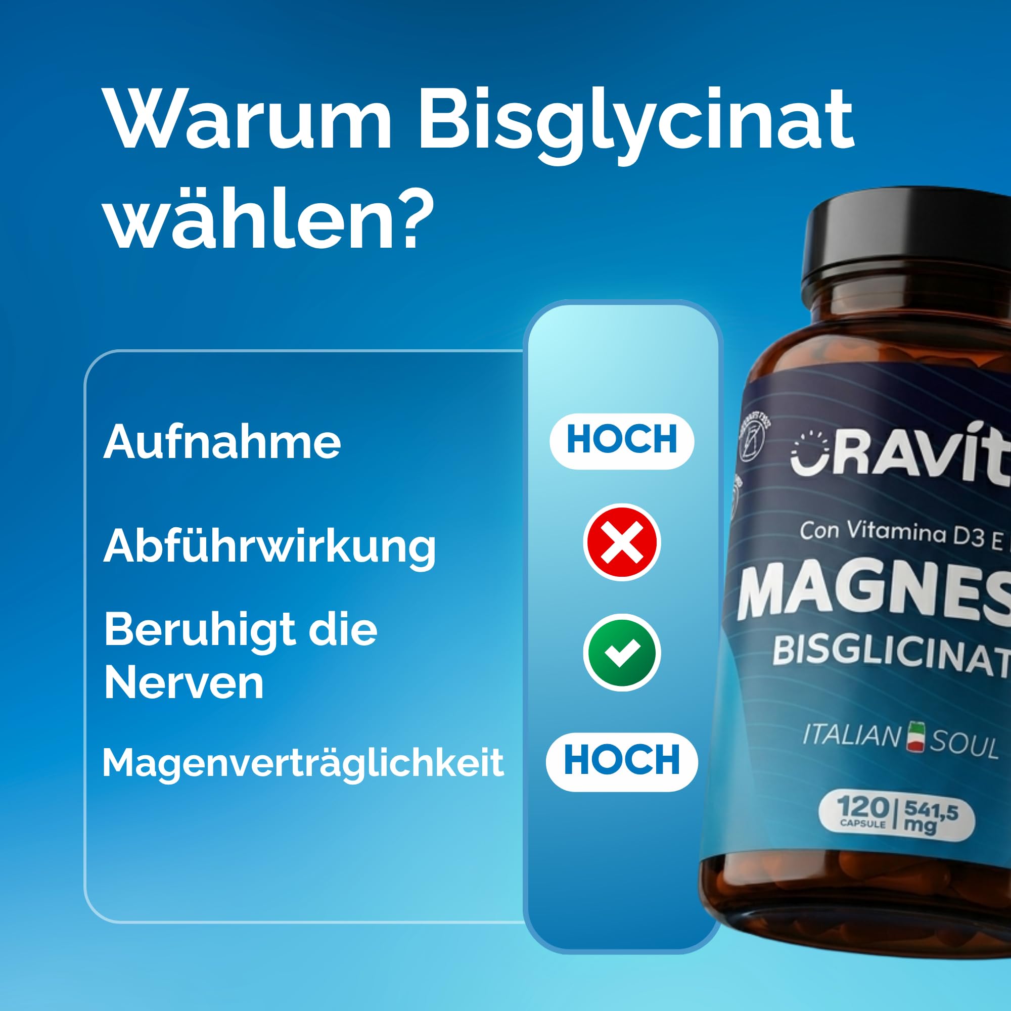 Magnesium Bisglycinat 450mg + Vitamin B6 + Vitamin D3 | 360 Magensaftresistente Vegane Kapseln – 12 Monate Vorrat | Hochdosiert | Made in Italy