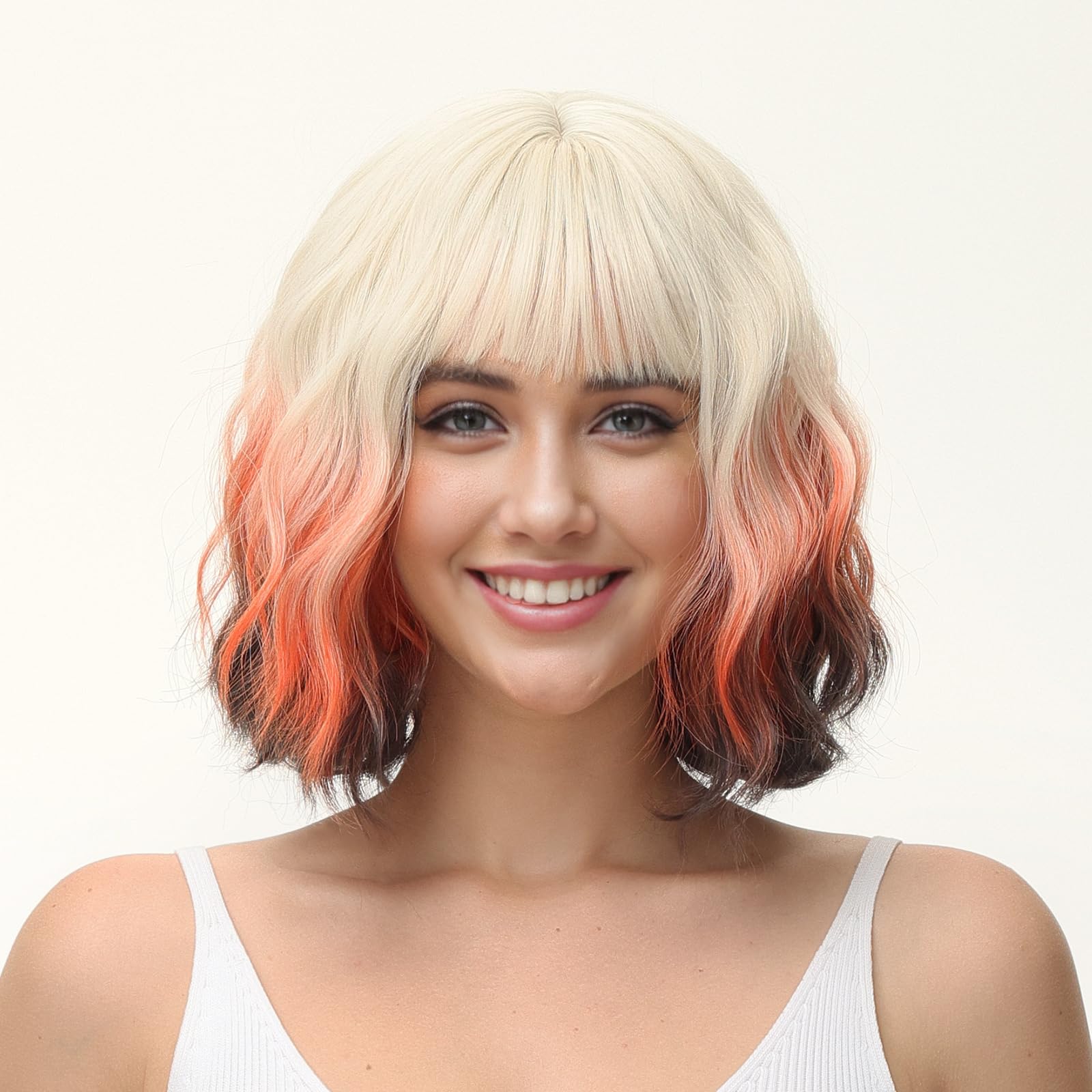 BUYOGET Wavy Bob Wig with Bangs Synthetic Hair Shoulder Length 12 Inch Short Curly Wigs for Women Fox, #T6 Fox