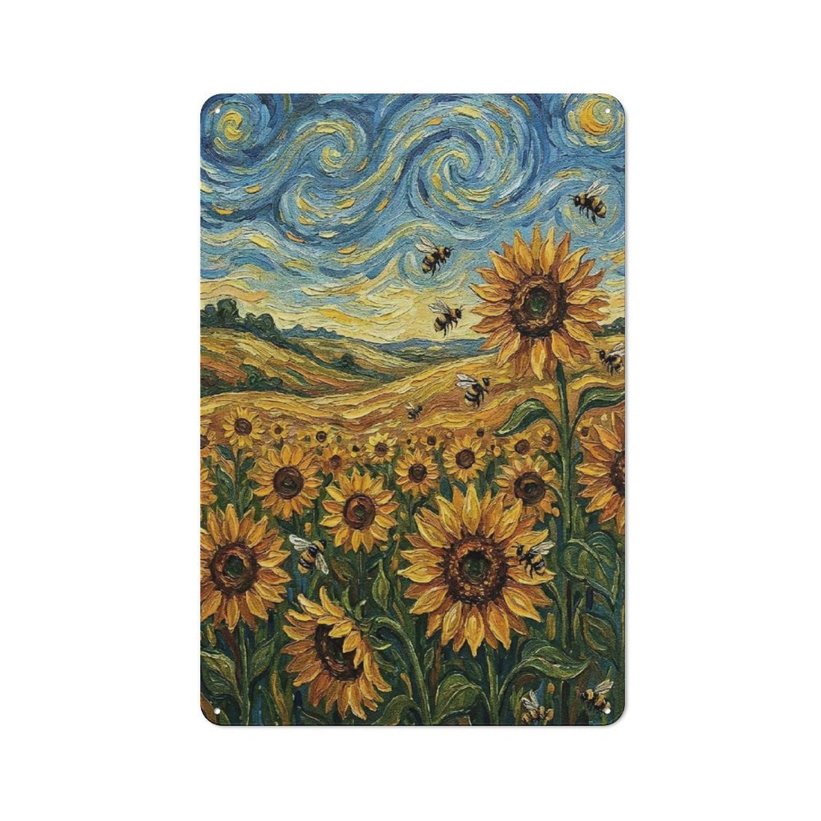 Junmoney Style-20 Tin Wall Plaque 30X20cm With Sunflower Field With Bees, Van Gogh Style For Studio Or Craft Room, Suited To Studio Decor Lovers