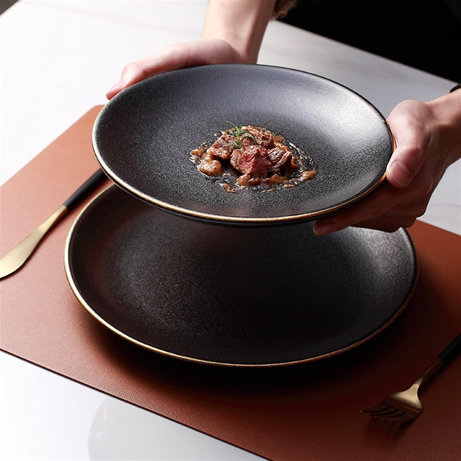 Assiette à dîner Assiette à Steak Occidentale de Style Japonais, Assiette Commerciale créative Noire givrée, Plate Ronde for la Maison, Cuisine(Black)