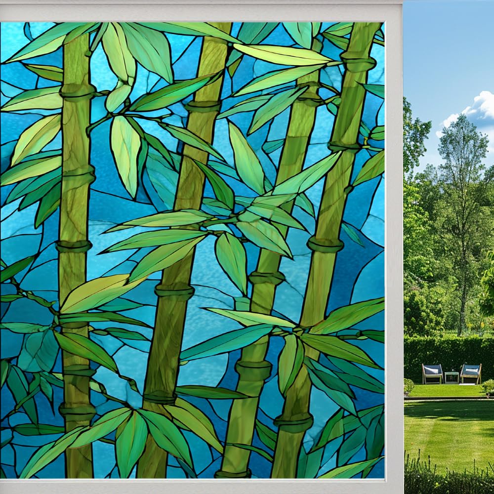 Pmlbaous Natural Plants Privacy Window Film, Bamboo Green Forest Frosted Self-Adhesive Vinyl Cling For Glass Doors Bathroom Windows Sun Blocking Heat Control, （40X90cm）