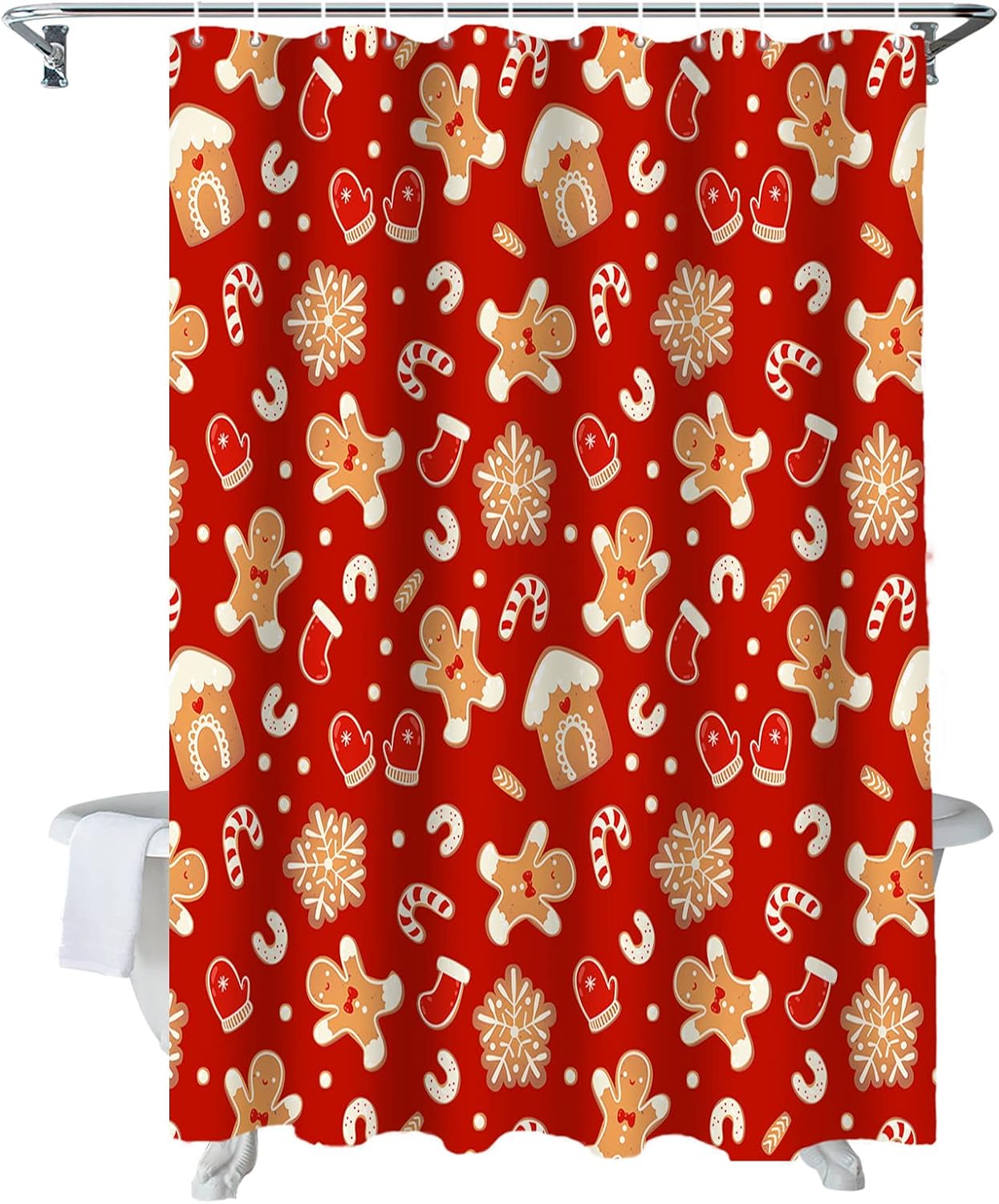 BestLives Christmas Shower Curtains 72 x 84 Inches Gingerbread Man Snowflake Bath Curtain Candy Cane Glove Waterproof Polyester Fabric Bathroom Curtain with Hooks