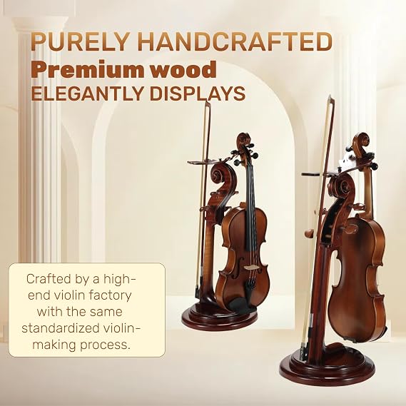 Solid Wood Violin Stand with Bow Holder - No Assembly Needed, Heavy-Duty 4/4 Size Display, Handcrafted Cut-Out Design for Home/Studio/Stage (ROUND)