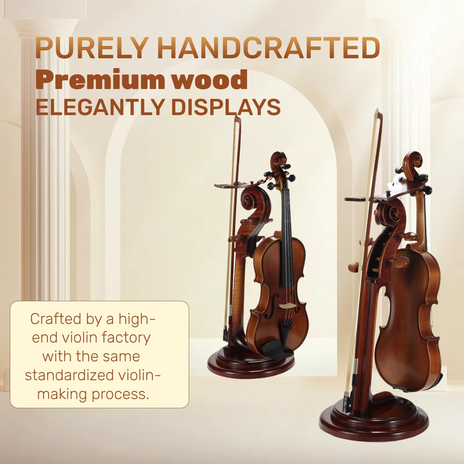 Violinenständer aus Massivholz mit Bogenhalter, keine Montage erforderlich, robustes Display in 4/4-Größe, handgefertigtes Design für Zuhause/Studio/Bühne (rund)